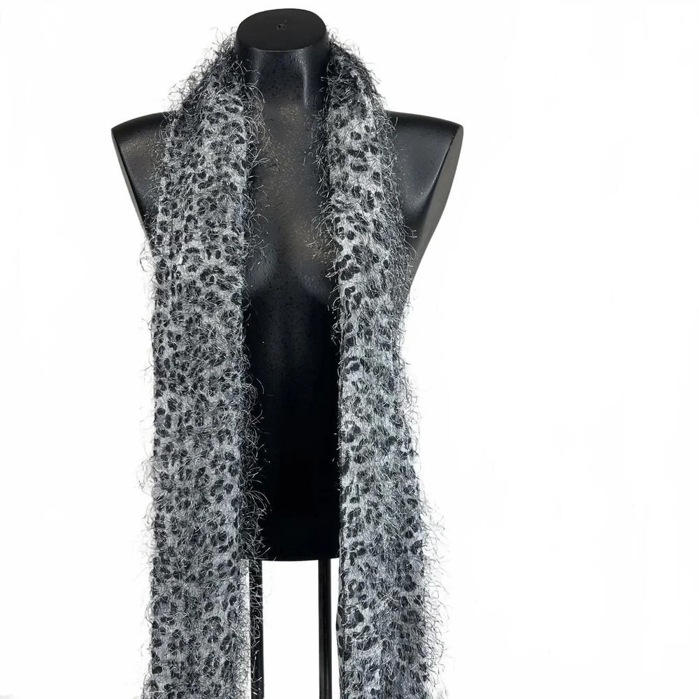 Gray Leopard Print Eyelash Knit Scarf Fuzzy‎ Shaggy Animal Print Fringe 62 Inch